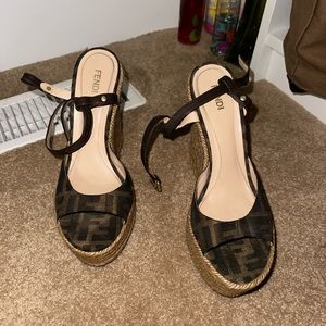 FENDI BROWN ZUCCA CANVAS WEDGE ESPADRILLE SANDALS SZ.38